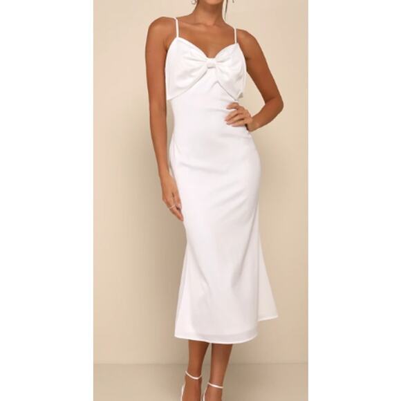 LULU'S XL Extravagantly Sleek White Satin Sleeveless Bow Midi Dress NEW b151 - Picture 1 of 9